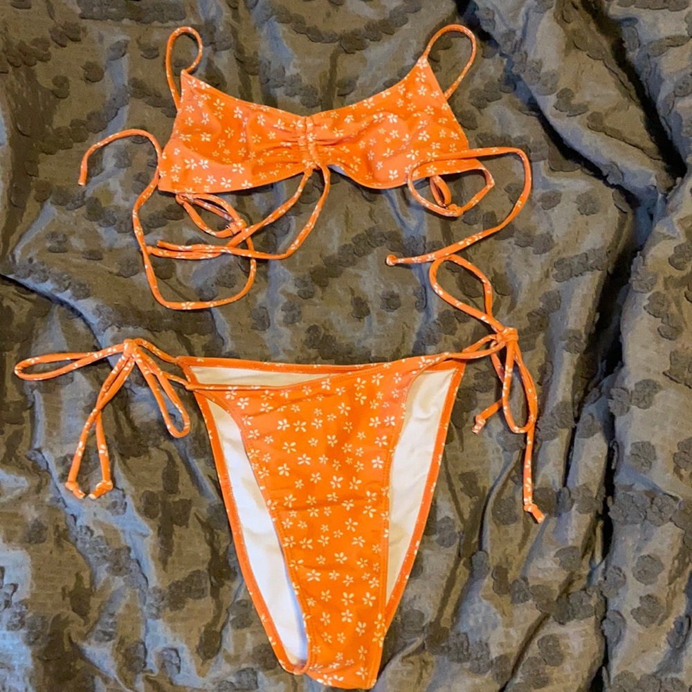 orange floral shein bikini set